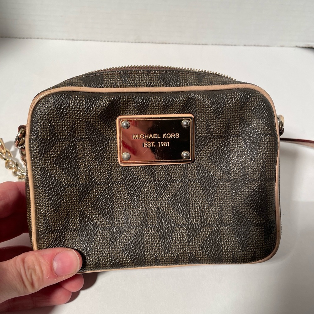 Michael Kors MK Brown Monogram PVC Natural Leather Trim Crossbody Handbag